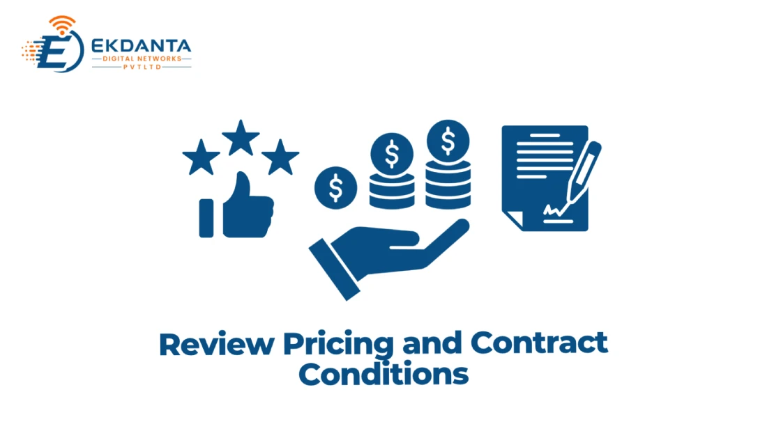 Ekdanta Digital Networks graphic titled "Review Pricing and Contract Conditions" featuring review, pricing, and contract signing icons. 