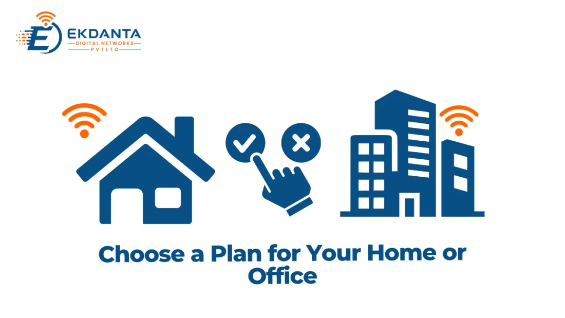 Ekdanta Digital Networks graphic titled "Choose a Plan for Your Home or Office" with house, option selection, and office building icons. 