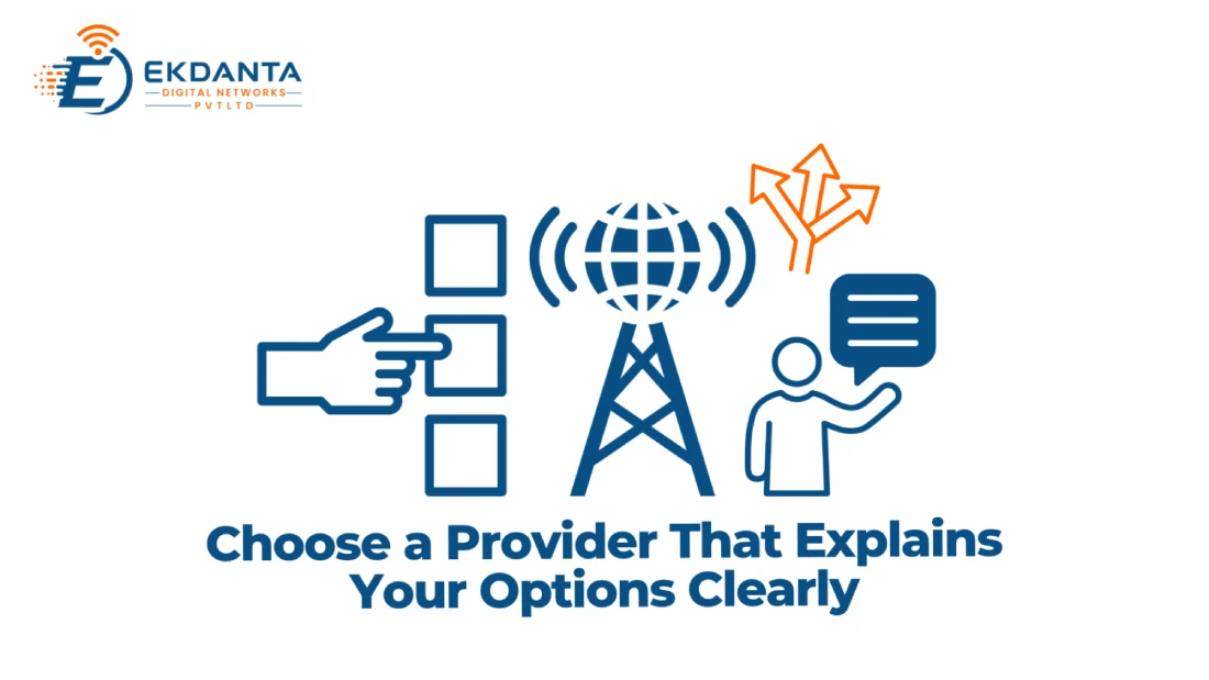 Ekdanta Digital Networks graphic titled "Choose a Provider That Explains Your Options Clearly" featuring selection, network tower, and explanation icons. 