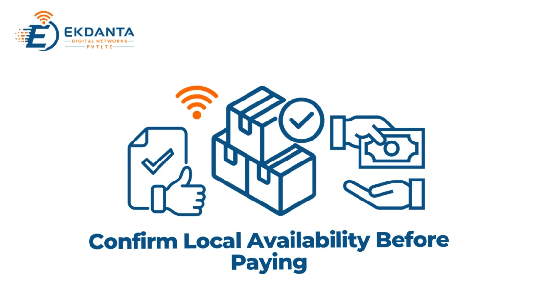 Ekdanta Digital Networks graphic titled "Confirm Local Availability Before Paying" with verification, package delivery, and payment icons. 