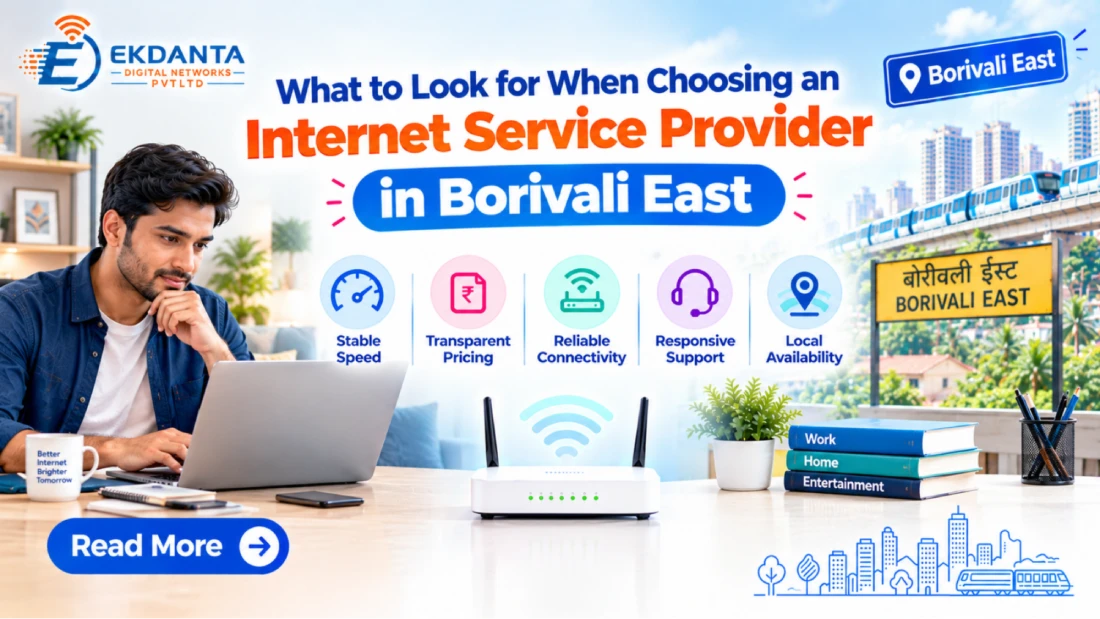 Ekdanta Digital Networks promotional guide banner on choosing an Internet Service Provider in Borivali East.
